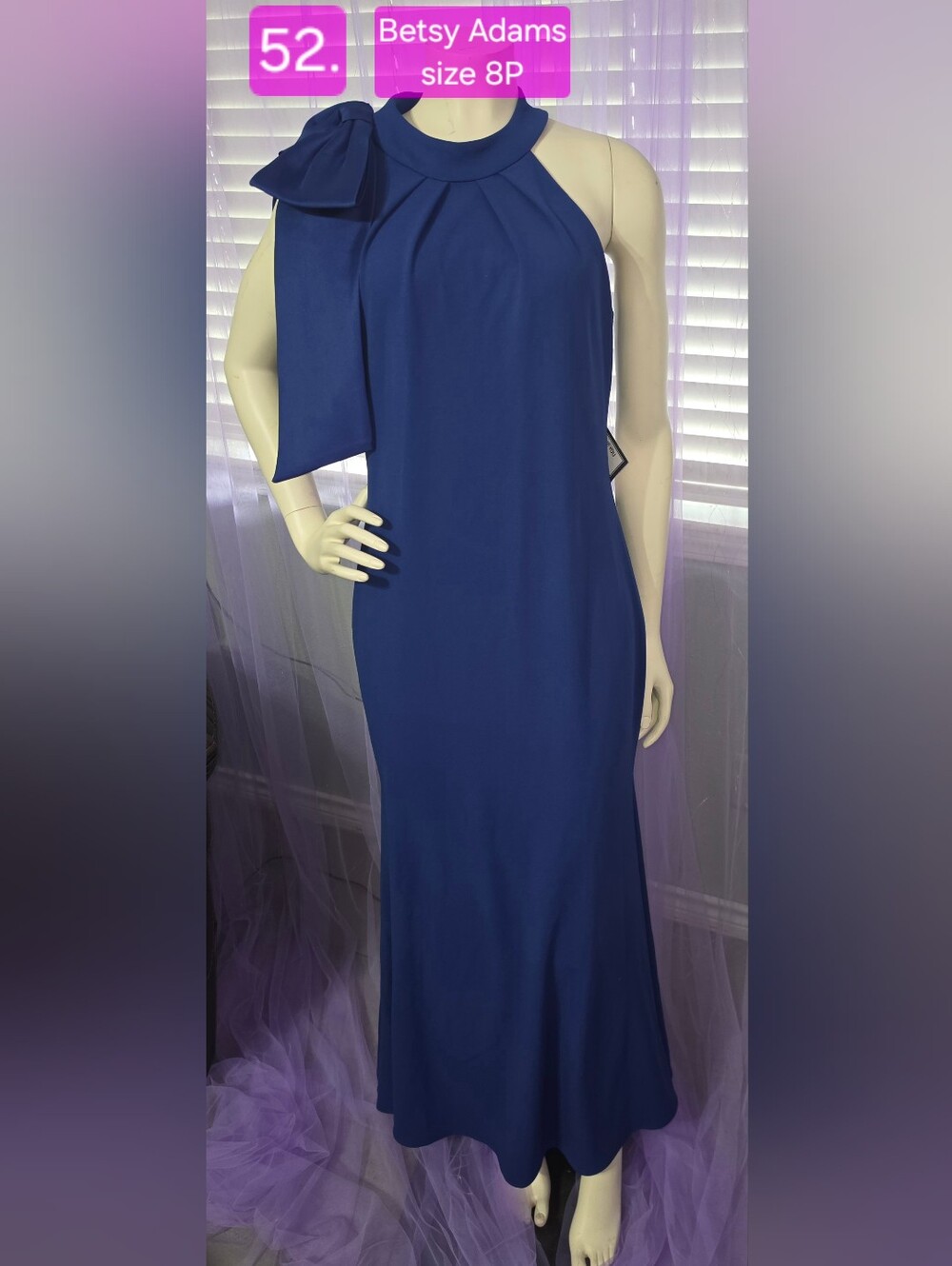 Betsy & Adam One-Shoulder Royal Blue Gown with Shoulder Bow